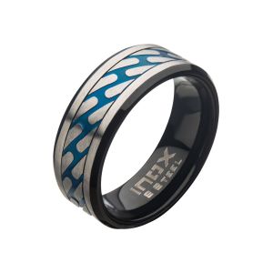 Matte Stainless Steel & Blue IP Curb Chain Ring small